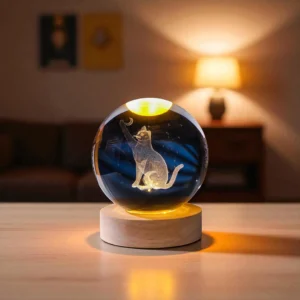 3D Cat Chasing Moon Crystal Globe Night Light