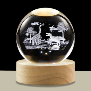 3D Crystal Ball Night Light LED Wooden Base - Dinosaur