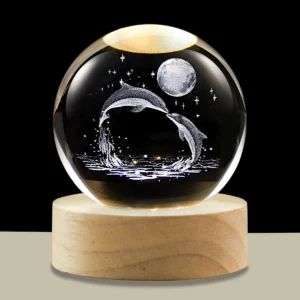 3D Crystal Ball Night Light LED Wooden Base - Dolphin