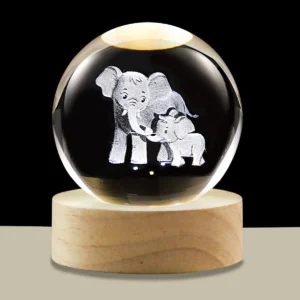 3D Crystal Ball Night Light LED Wooden Base - Elephant