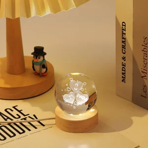 3D Crystal Ball Night Light LED Wooden Base - Heart