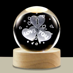 3D Crystal Ball Night Light LED Wooden Base - Heart