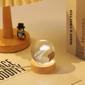 3D Crystal Ball Night Light LED Wooden Base - Jellyfish