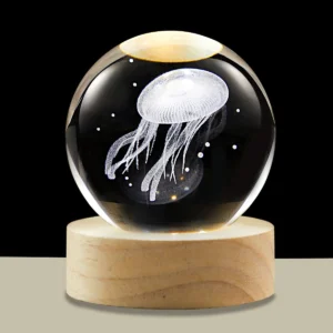 3D Crystal Ball Night Light LED Wooden Base - Jellyfish