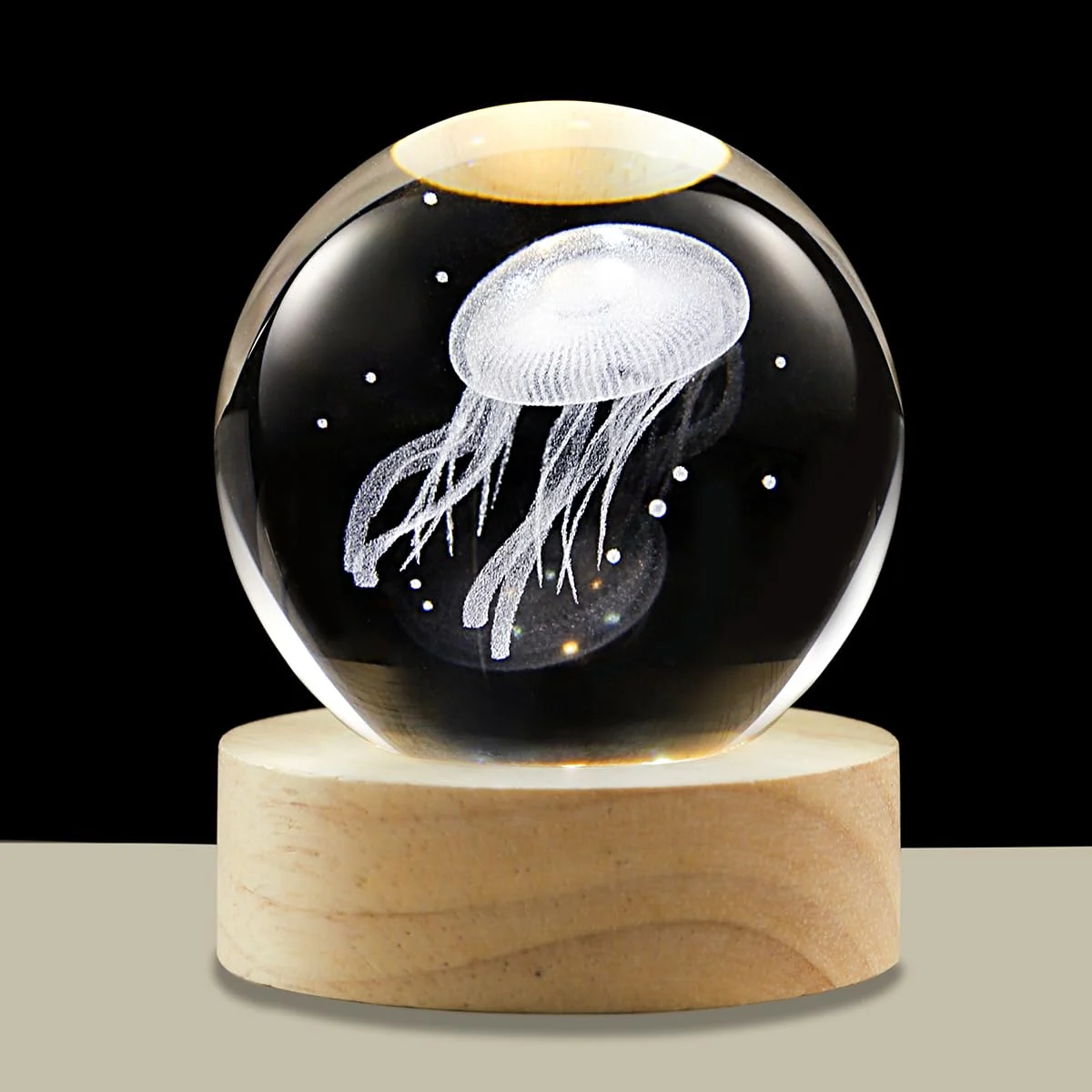 3D Crystal Ball Night Light LED Wooden Base - Jellyfish 3D Crystal Ball Night Light LED Wooden Base - Jellyfish
