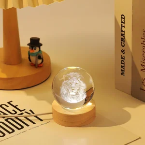 3D Crystal Ball Night Light LED Wooden Base - Lion