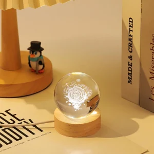3D Crystal Ball Night Light LED Wooden Base - Love