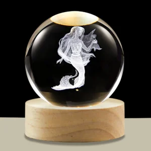 3D Crystal Ball Night Light LED Wooden Base - Mermaid