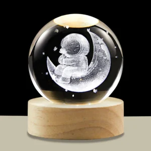 3D Crystal Ball Night Light LED Wooden Base - Moon