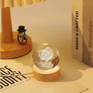 3D Crystal Ball Night Light LED Wooden Base - Rose