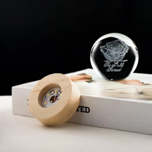 3D Crystal Ball Night Light LED Wooden Base - Rose