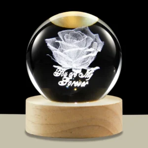 3D Crystal Ball Night Light LED Wooden Base - Rose