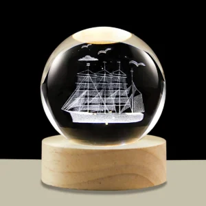 3D Crystal Ball Night Light LED Wooden Base - Sailboat