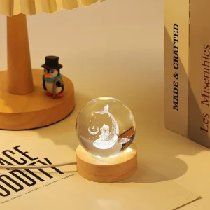 3D Crystal Ball Night Light LED Wooden Base - Whale