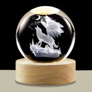 3D Crystal Ball Night Light LED Wooden Base - Wolf