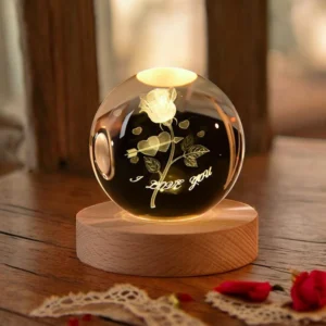 Crystal Ball Night Light with Rose Engraving and "I Love You"